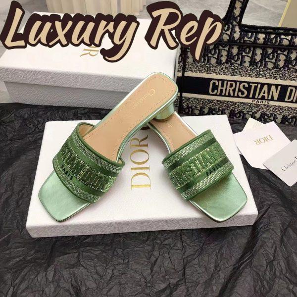 Replica Dior Women CD Dway Heeled Slide Green Cotton Embroidered Metallic Thread Strass 7