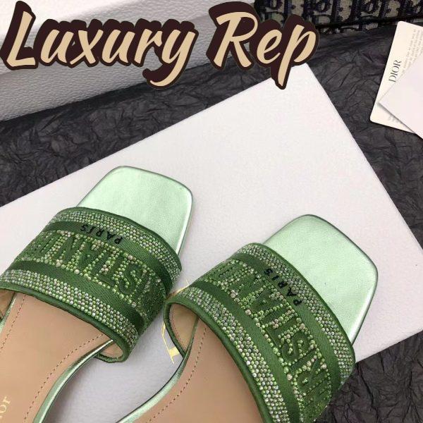 Replica Dior Women CD Dway Heeled Slide Green Cotton Embroidered Metallic Thread Strass 9
