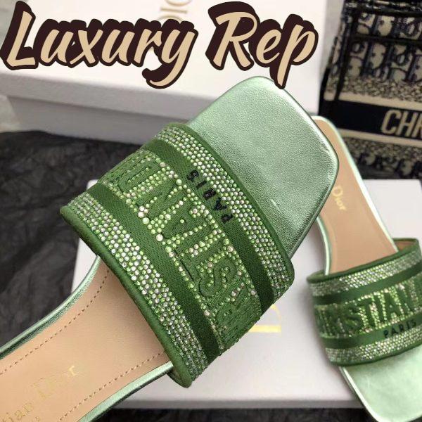 Replica Dior Women CD Dway Heeled Slide Green Cotton Embroidered Metallic Thread Strass 10