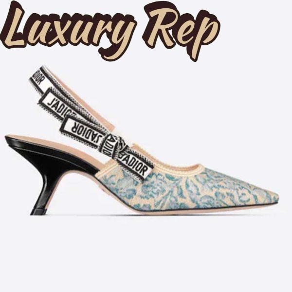 Replica Dior Women CD J’Adior Slingback Pump Duck Blue Brocart Embroidered Cotton Metallic Thread