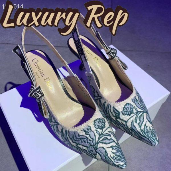 Replica Dior Women CD J’Adior Slingback Pump Duck Blue Brocart Embroidered Cotton Metallic Thread 5
