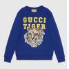 Replica Gucci Men GG Tiger Cotton Sweatshirt Blue Felted Jersey Crewneck