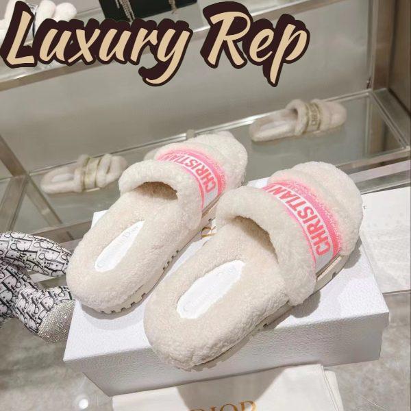 Replica Dior Women CD Shoes Chez Moi Slide Bright Pink Cotton Embroidery White Shearling 4