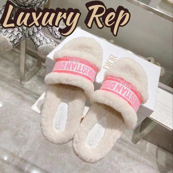 Replica Dior Women CD Shoes Chez Moi Slide Bright Pink Cotton Embroidery White Shearling 6