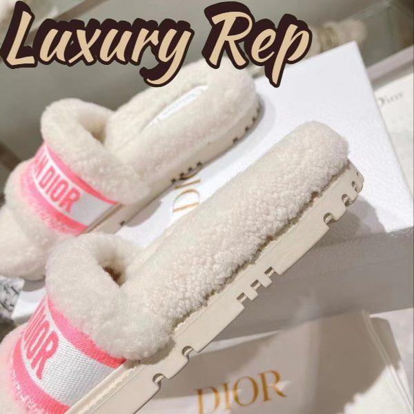 Replica Dior Women CD Shoes Chez Moi Slide Bright Pink Cotton Embroidery White Shearling 11