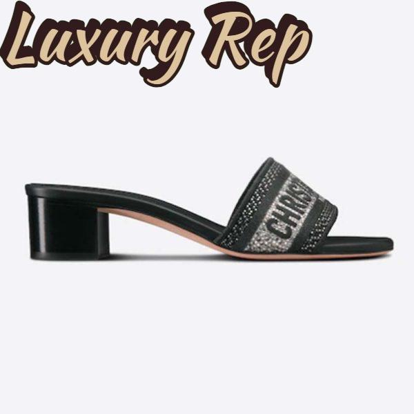 Replica Dior Women CD Shoes Dway Heeled Slide Black Cotton Embroidered Metallic Thread Strass