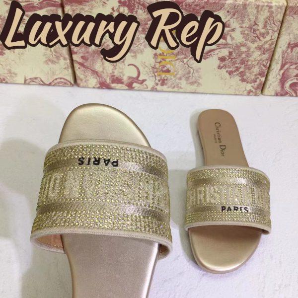 Replica Dior Women CD Shoes Dway Slide Gold Tone Cotton Embroidered Metallic Thread Strass 12