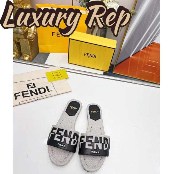 Replica Fendi Women FF Signature Canvas Black Leather Slides 1 Cm Heel 5