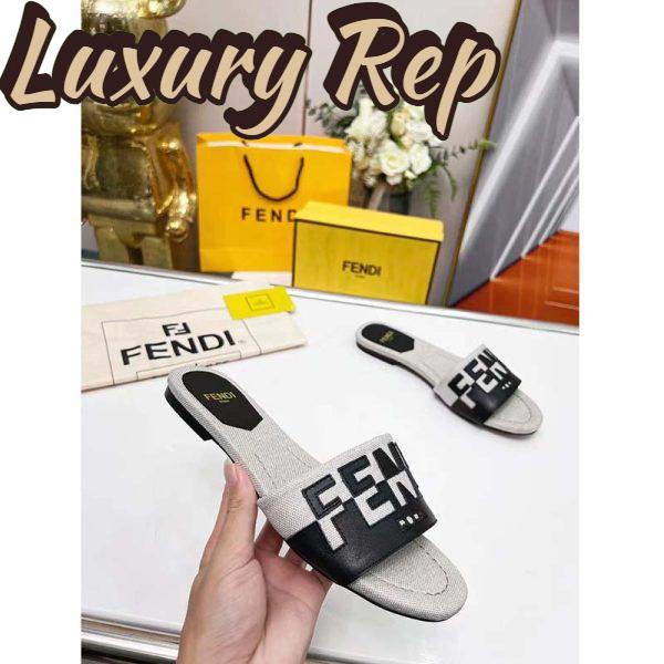 Replica Fendi Women FF Signature Canvas Black Leather Slides 1 Cm Heel 6