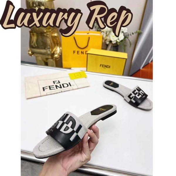 Replica Fendi Women FF Signature Canvas Black Leather Slides 1 Cm Heel 7