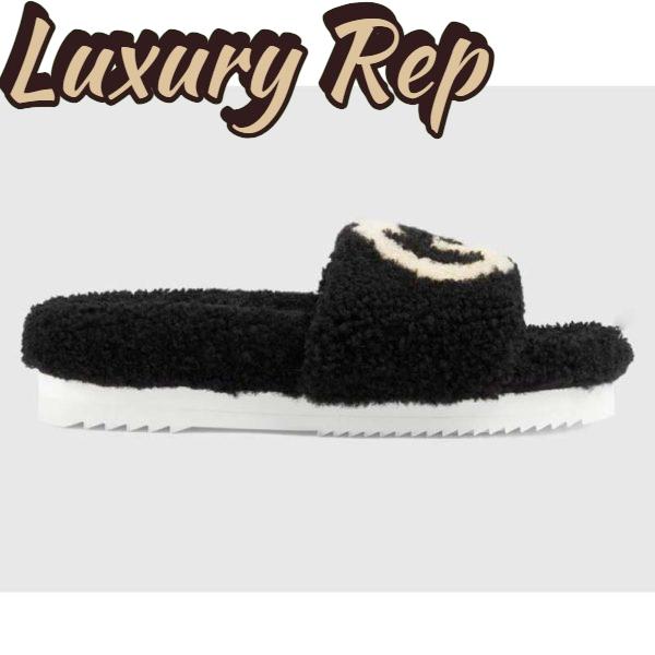Replica Gucci GG Women Slide Sandal with Interlocking G Black Interlocking G Merino Wool