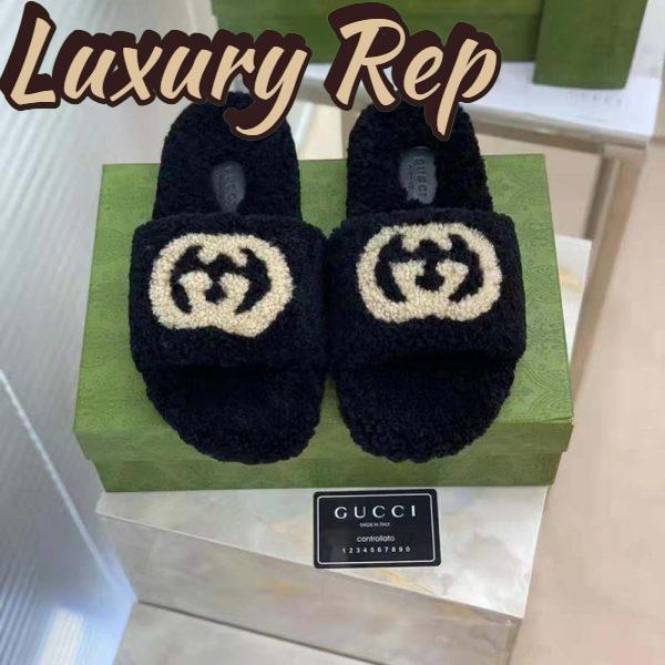 Replica Gucci GG Women Slide Sandal with Interlocking G Black Interlocking G Merino Wool 4