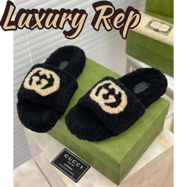 Replica Gucci GG Women Slide Sandal with Interlocking G Black Interlocking G Merino Wool 7