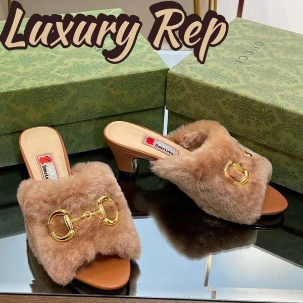 Replica Gucci GG Women’s Mid-Heel Slide Sandal Brown Fabric Horsebit 5.6 Cm Heel 5