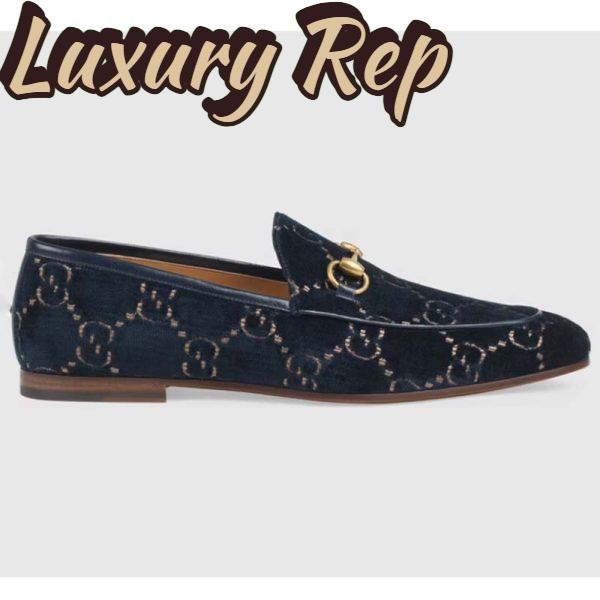 Replica Gucci Men Jordaan GG Velvet Loafer Blue Beige Sole Flat 1.2 Cm Heel
