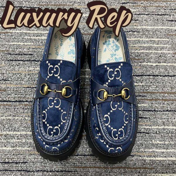 Replica Gucci Men Jordaan GG Velvet Loafer Blue Beige Sole Flat 1.2 Cm Heel 4