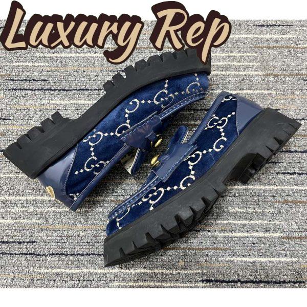 Replica Gucci Men Jordaan GG Velvet Loafer Blue Beige Sole Flat 1.2 Cm Heel 5
