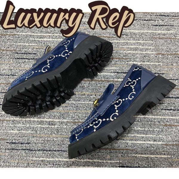Replica Gucci Men Jordaan GG Velvet Loafer Blue Beige Sole Flat 1.2 Cm Heel 6