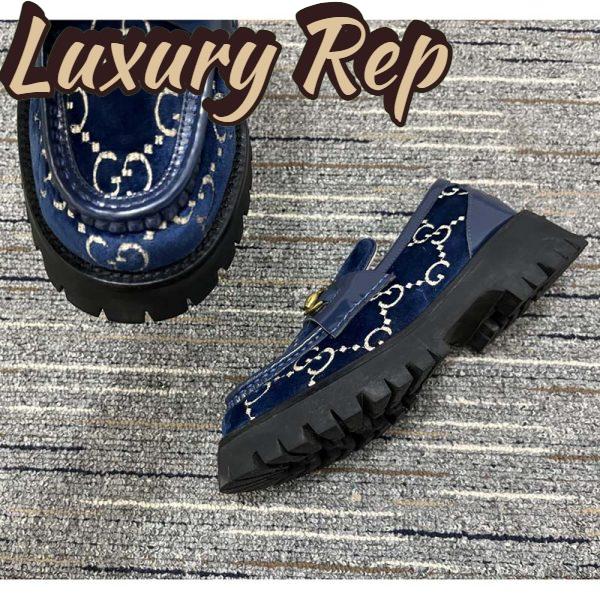 Replica Gucci Men Jordaan GG Velvet Loafer Blue Beige Sole Flat 1.2 Cm Heel 7