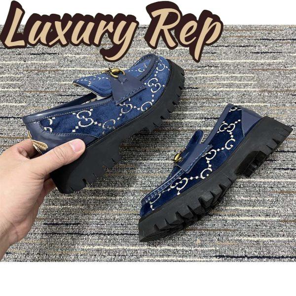 Replica Gucci Men Jordaan GG Velvet Loafer Blue Beige Sole Flat 1.2 Cm Heel 8