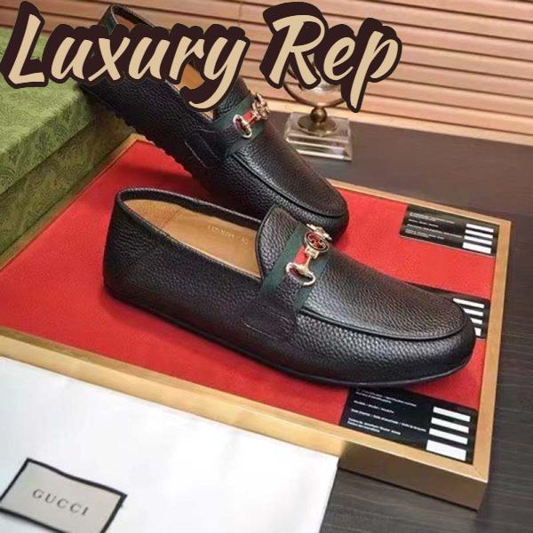 Replica Gucci Men Leather Driver Web Black Soft Calf Enameled Interlocking G Horsebit 4