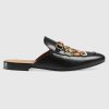 Replica Gucci Men Princetown Embroidered Leather Slipper with Tiger Appliqué 1.27cm Heel-Black