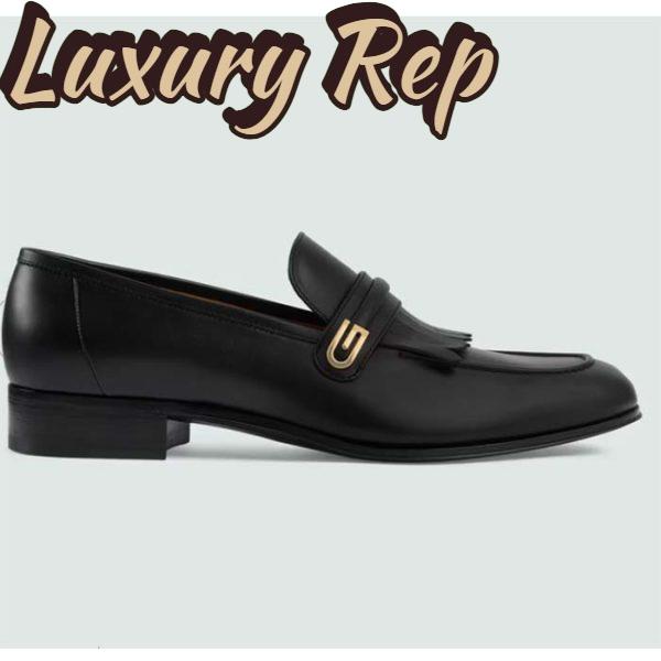Replica Gucci Men’s GG Loafer Mirrored G Black Leather Fringe Low 3 Cm Heel 2