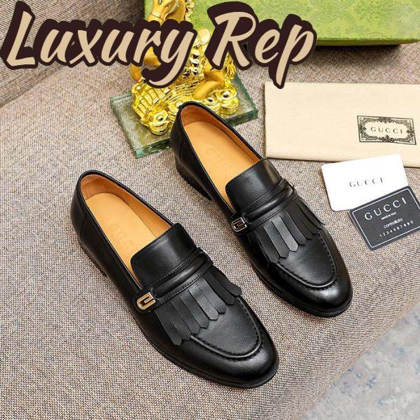Replica Gucci Men’s GG Loafer Mirrored G Black Leather Fringe Low 3 Cm Heel 3