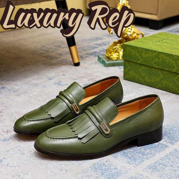 Replica Gucci Men’s GG Loafer Mirrored G Dark Green Leather Fringe Low Heel 3