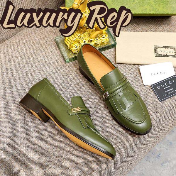 Replica Gucci Men’s GG Loafer Mirrored G Dark Green Leather Fringe Low Heel 6