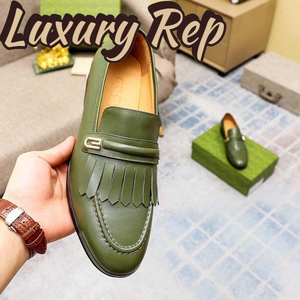 Replica Gucci Men’s GG Loafer Mirrored G Dark Green Leather Fringe Low Heel 8