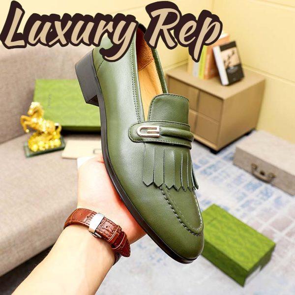 Replica Gucci Men’s GG Loafer Mirrored G Dark Green Leather Fringe Low Heel 9