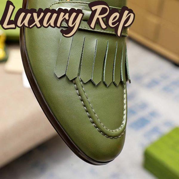 Replica Gucci Men’s GG Loafer Mirrored G Dark Green Leather Fringe Low Heel 10