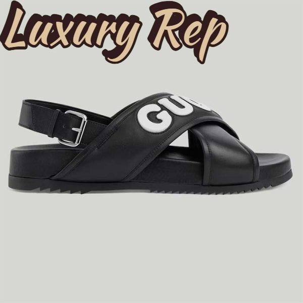 Replica Gucci Unisex GG Gucci Sandal Smooth Black White Leather Script Rubber Buckle Flat
