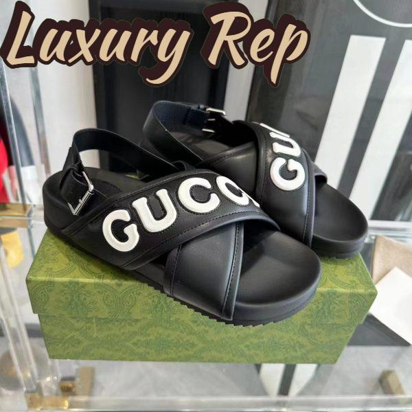 Replica Gucci Unisex GG Gucci Sandal Smooth Black White Leather Script Rubber Buckle Flat 3