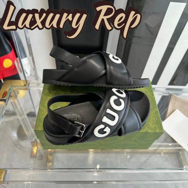 Replica Gucci Unisex GG Gucci Sandal Smooth Black White Leather Script Rubber Buckle Flat 4