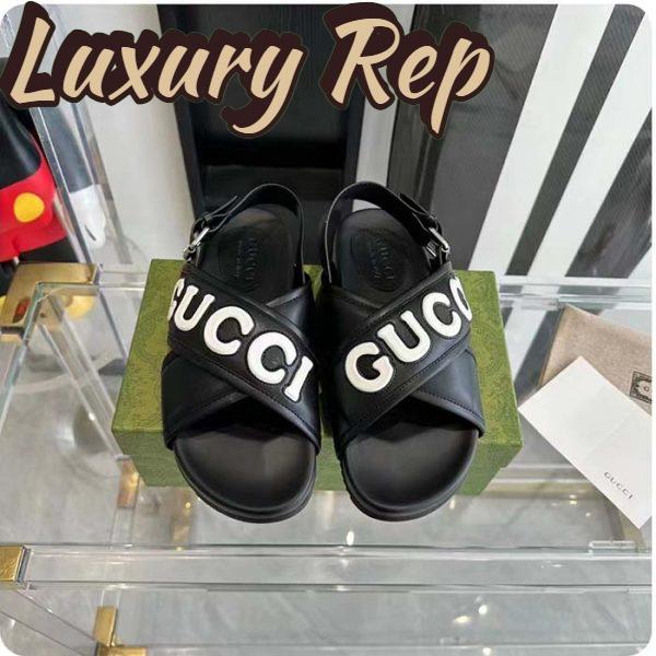 Replica Gucci Unisex GG Gucci Sandal Smooth Black White Leather Script Rubber Buckle Flat 5