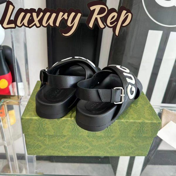 Replica Gucci Unisex GG Gucci Sandal Smooth Black White Leather Script Rubber Buckle Flat 6