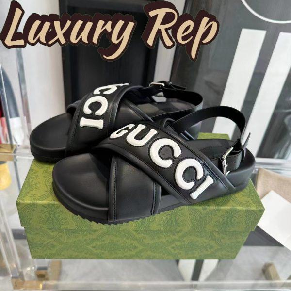 Replica Gucci Unisex GG Gucci Sandal Smooth Black White Leather Script Rubber Buckle Flat 7