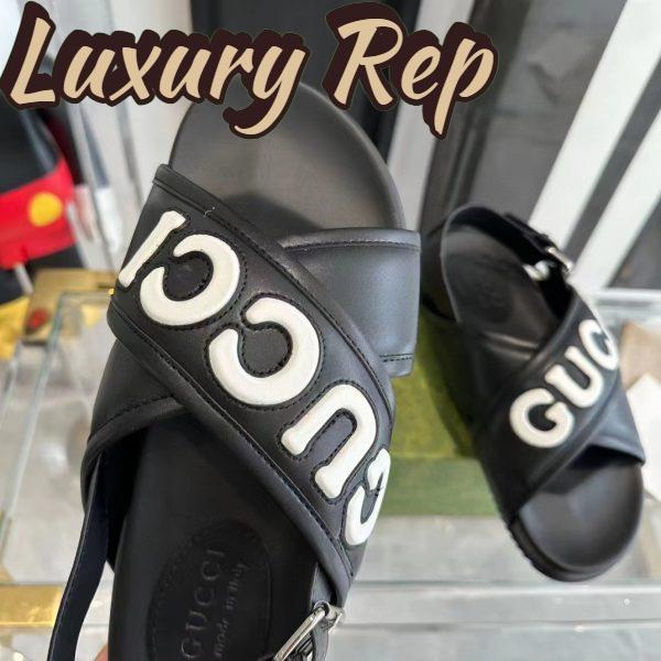 Replica Gucci Unisex GG Gucci Sandal Smooth Black White Leather Script Rubber Buckle Flat 8