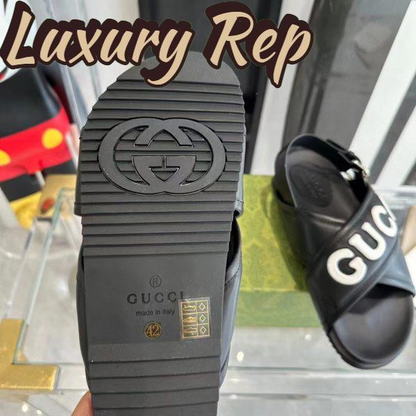 Replica Gucci Unisex GG Gucci Sandal Smooth Black White Leather Script Rubber Buckle Flat 11