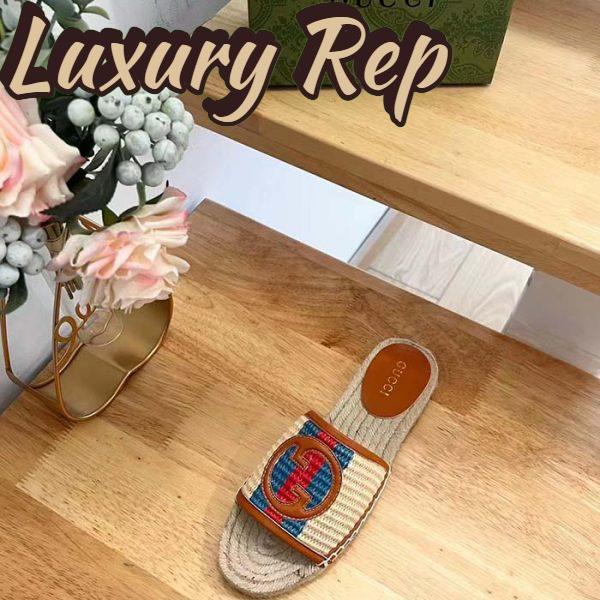 Replica Gucci Unisex GG Interlocking G Espadrille Natural Raffia Leather Round Flat Sandal 8