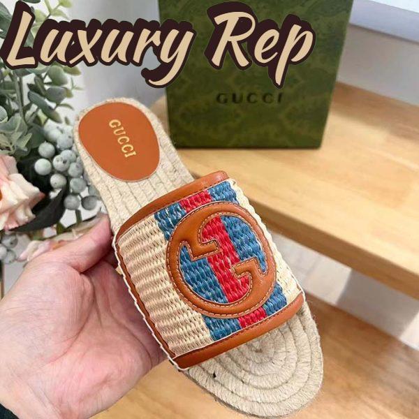 Replica Gucci Unisex GG Interlocking G Espadrille Natural Raffia Leather Round Flat Sandal 9