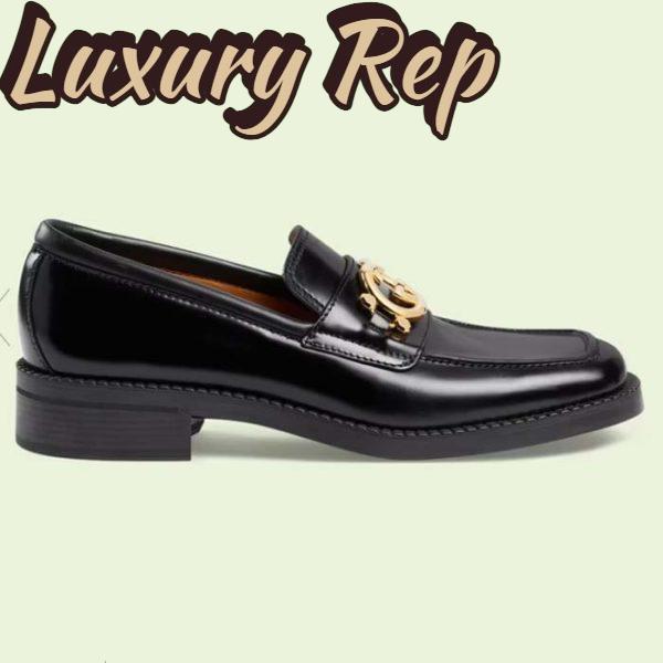 Replica Gucci Unisex GG Loafer Interlocking G Shiny Black Leather Studs Rubber Low Heel