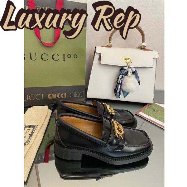 Replica Gucci Unisex GG Loafer Interlocking G Shiny Black Leather Studs Rubber Low Heel 3
