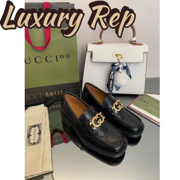 Replica Gucci Unisex GG Loafer Interlocking G Shiny Black Leather Studs Rubber Low Heel 4