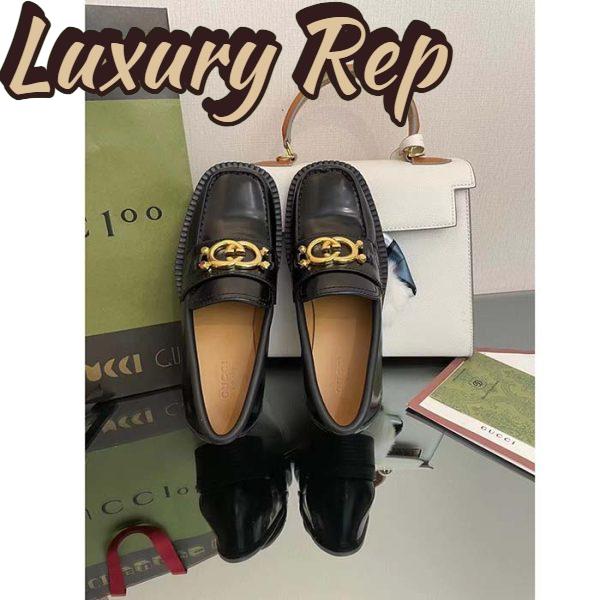 Replica Gucci Unisex GG Loafer Interlocking G Shiny Black Leather Studs Rubber Low Heel 5