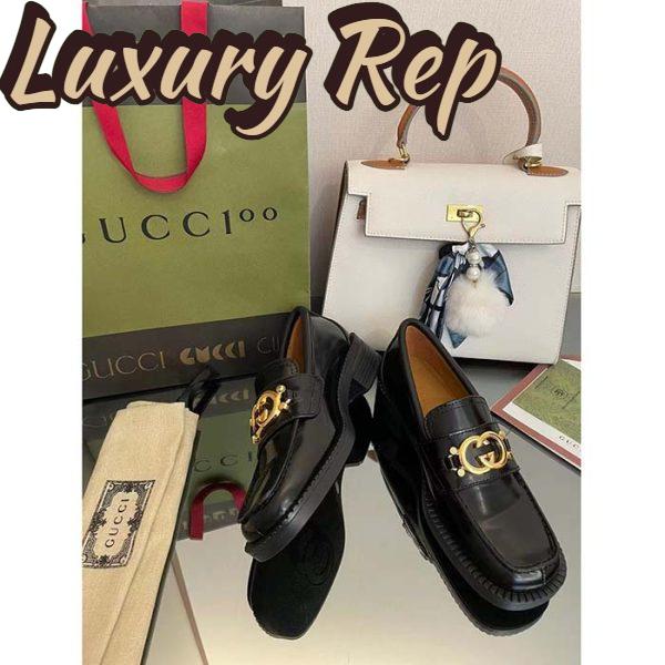 Replica Gucci Unisex GG Loafer Interlocking G Shiny Black Leather Studs Rubber Low Heel 6