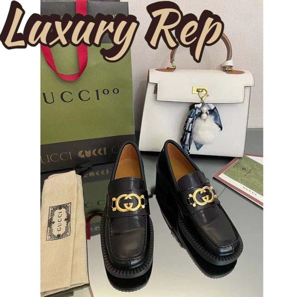 Replica Gucci Unisex GG Loafer Interlocking G Shiny Black Leather Studs Rubber Low Heel 7