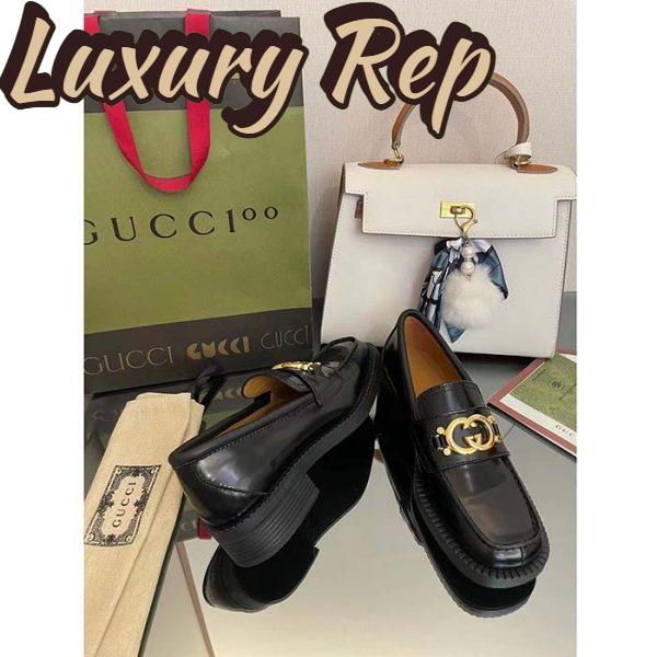 Replica Gucci Unisex GG Loafer Interlocking G Shiny Black Leather Studs Rubber Low Heel 9